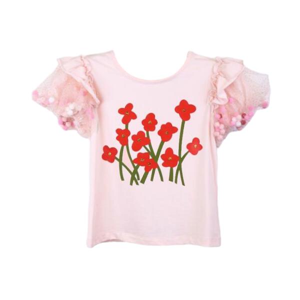 Pink Pom Pom Puff Slv Tee w/ Floral Print