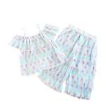 Dot Chiffon Pleat Blouse & Pants Set - Blue