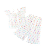 Dot Chiffon Pleat Blouse & Pants Set - White