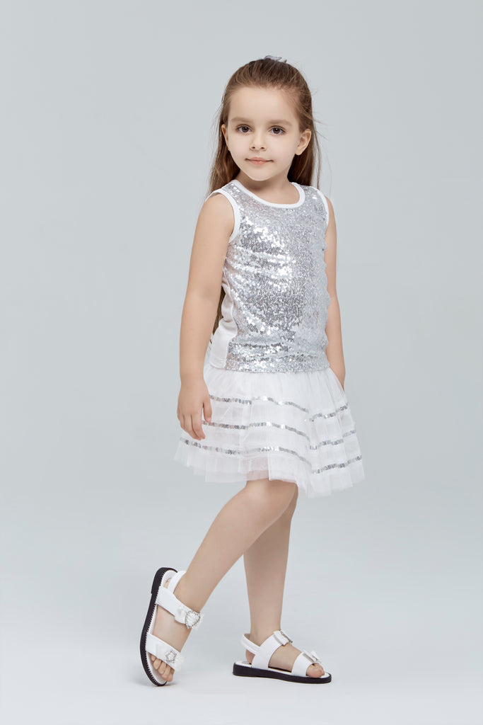 White/Silver Band Tulle Skirt W/ Sequin Trims