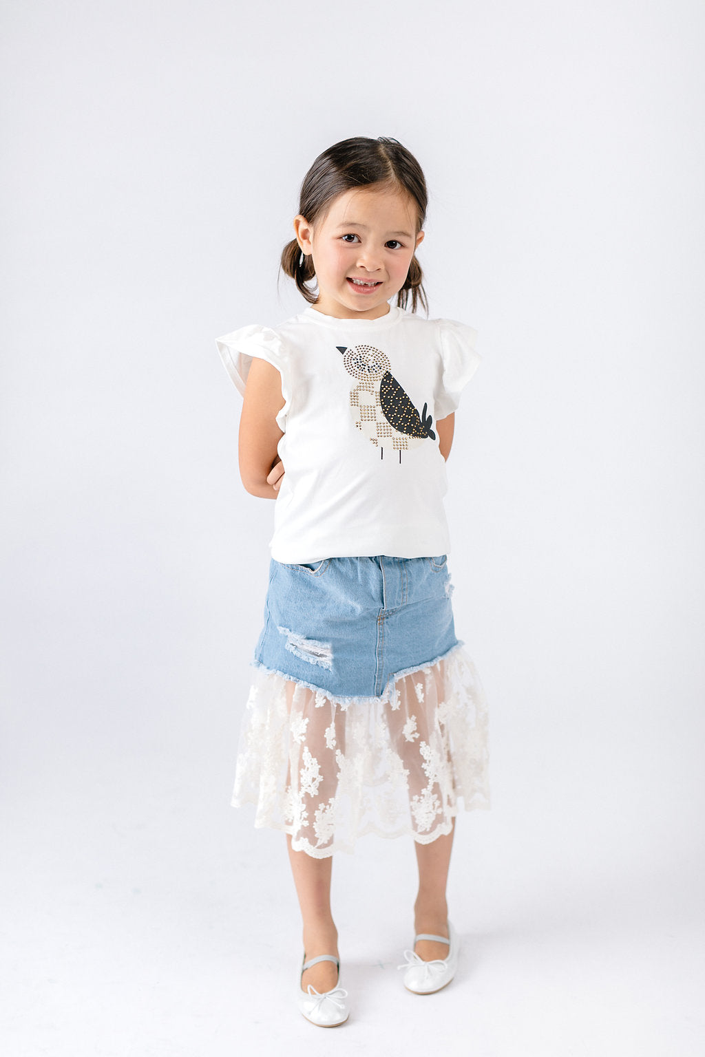 White Flutter Sleeves Rhinestone Bird Tee - Doe a Dear 