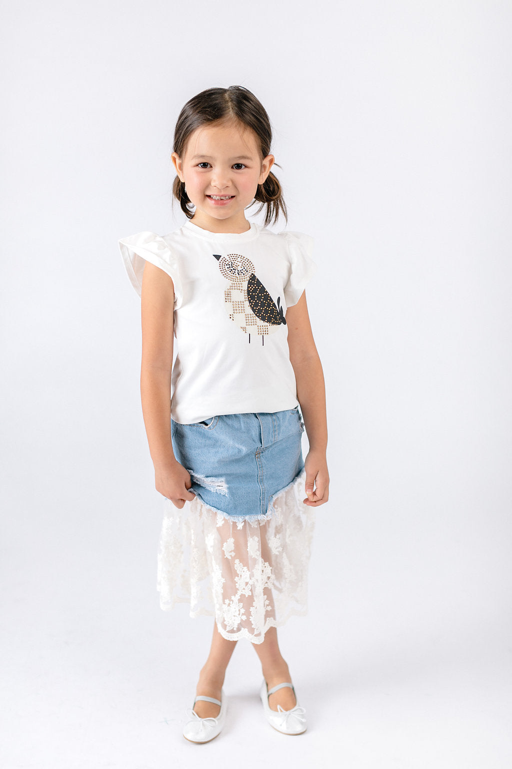 White Flutter Sleeves Rhinestone Bird Tee - Doe a Dear 