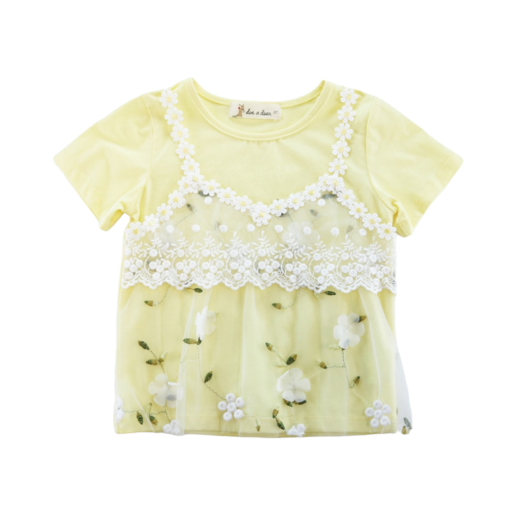 2 in 1 Tee (Flower Sheer Lace Overlay)-Yellow
