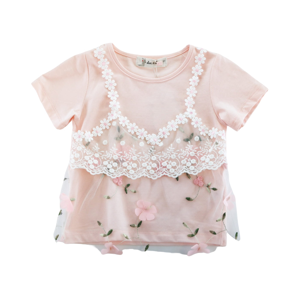 2 in 1 Tee (Flower Sheer Lace Overlay)-Pink