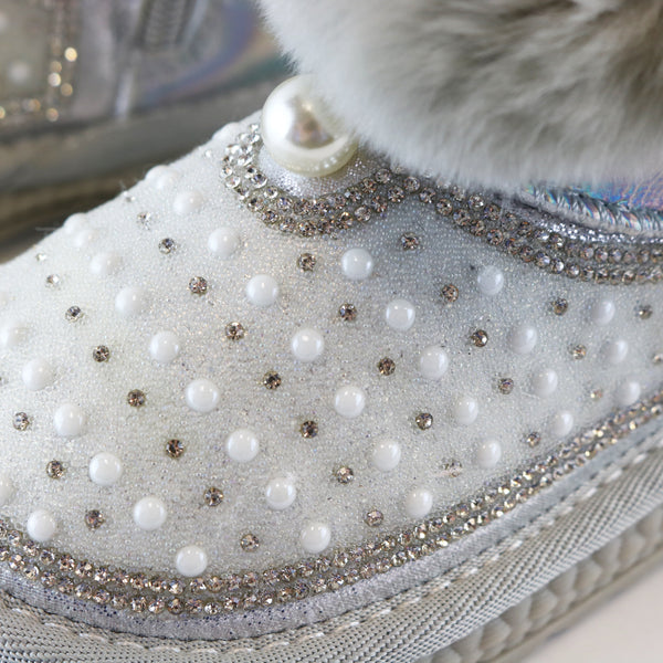 Handcraft Rhinestone & Pearl Furry Boot - Silver - doe a dear