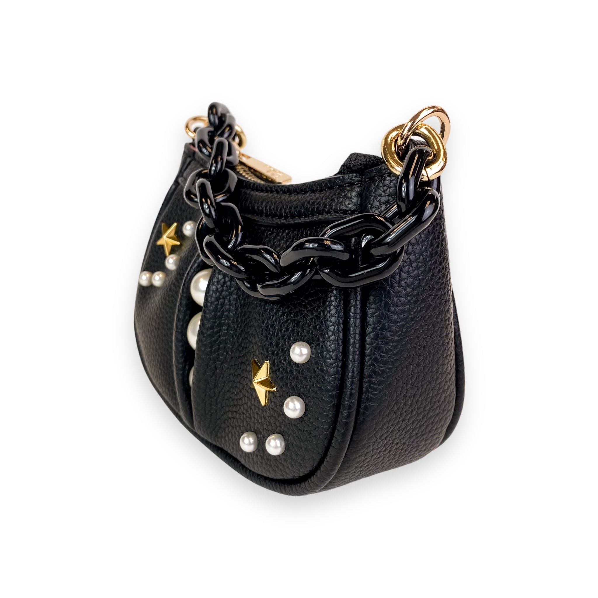 Pearl Studs Mini Leather Shoulder Bag in Black - doe a dear