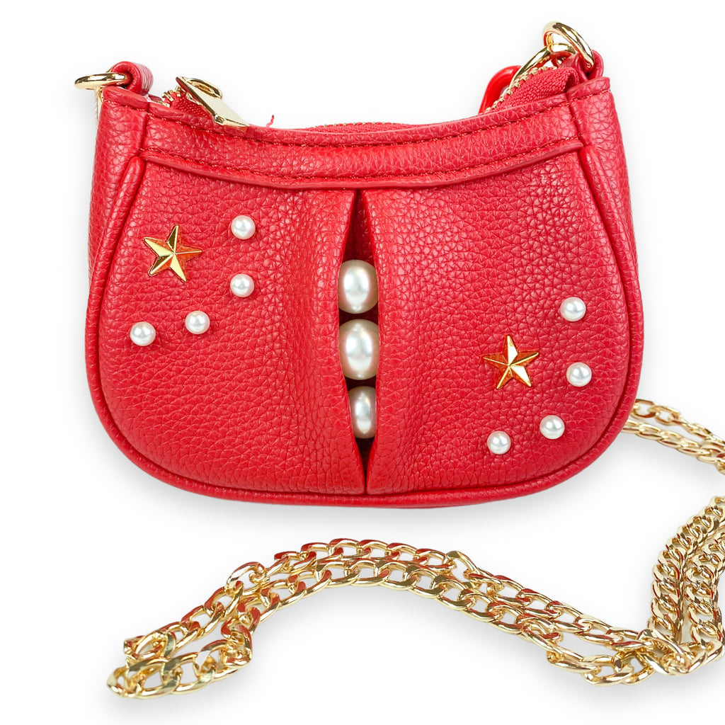 Pearl Studs Mini Leather Shoulder Bag in Red