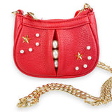Pearl Studs Mini Leather Shoulder Bag in Red