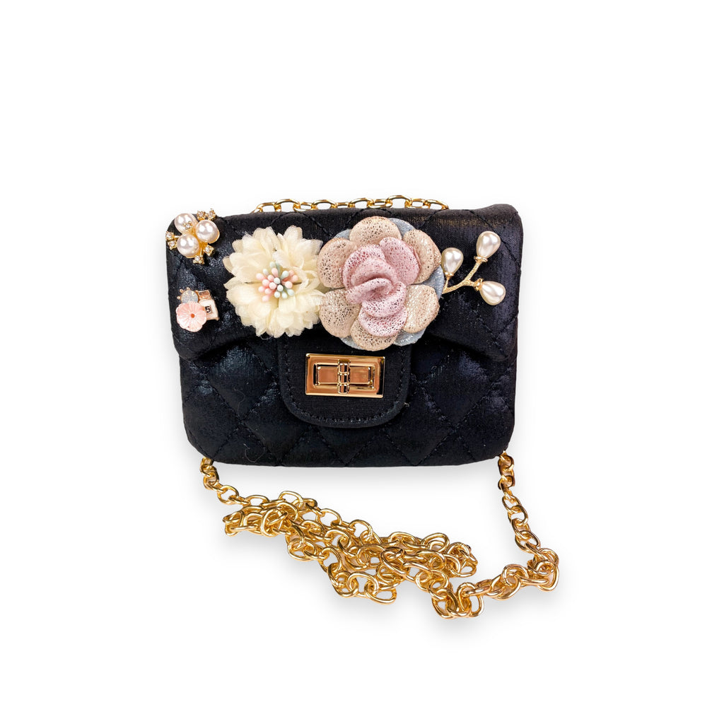 Floral Shiny Quilted Purse - Black