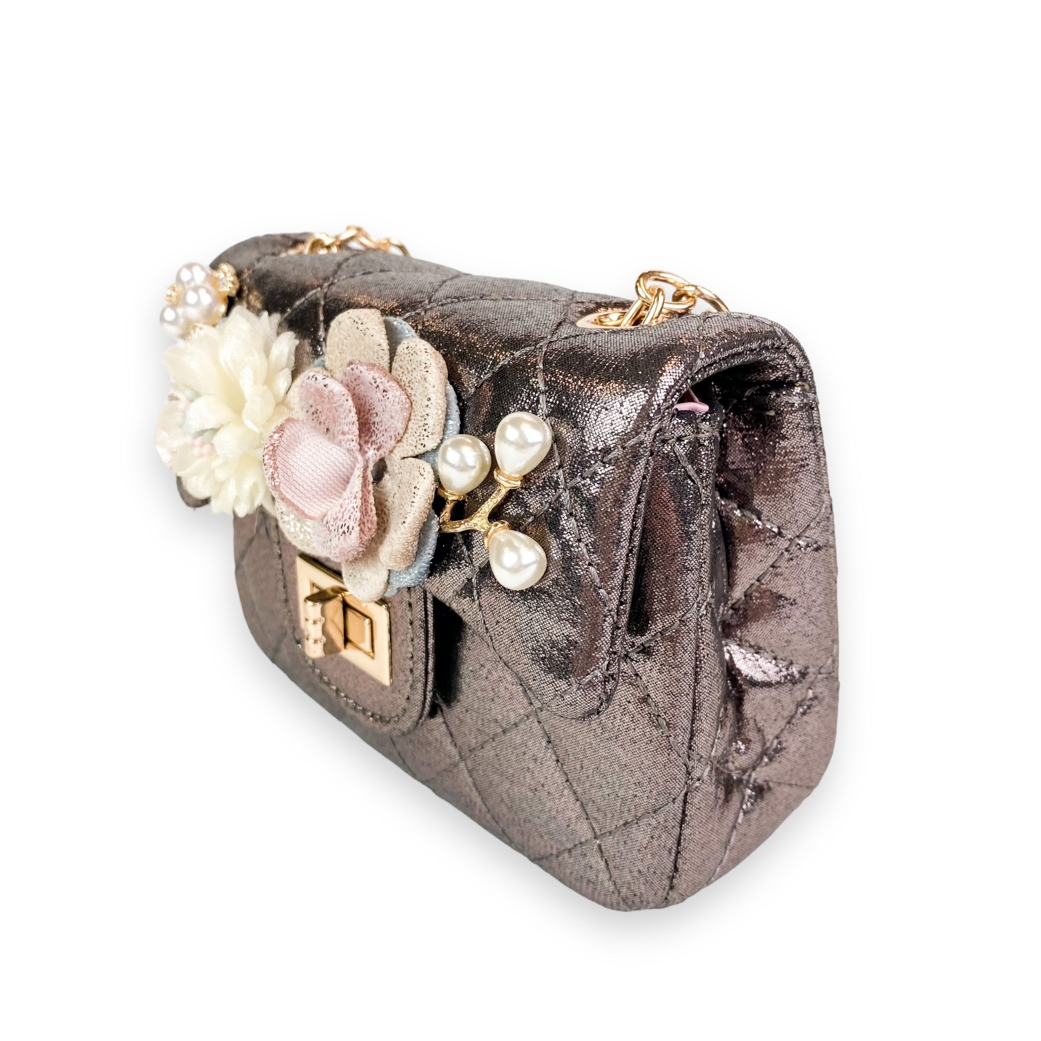Floral Shiny Quilted Purse - Pewter - doe a dear