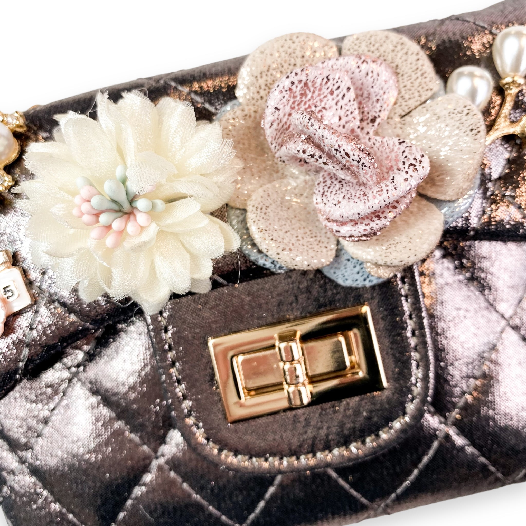 Floral Shiny Quilted Purse - Pewter - doe a dear