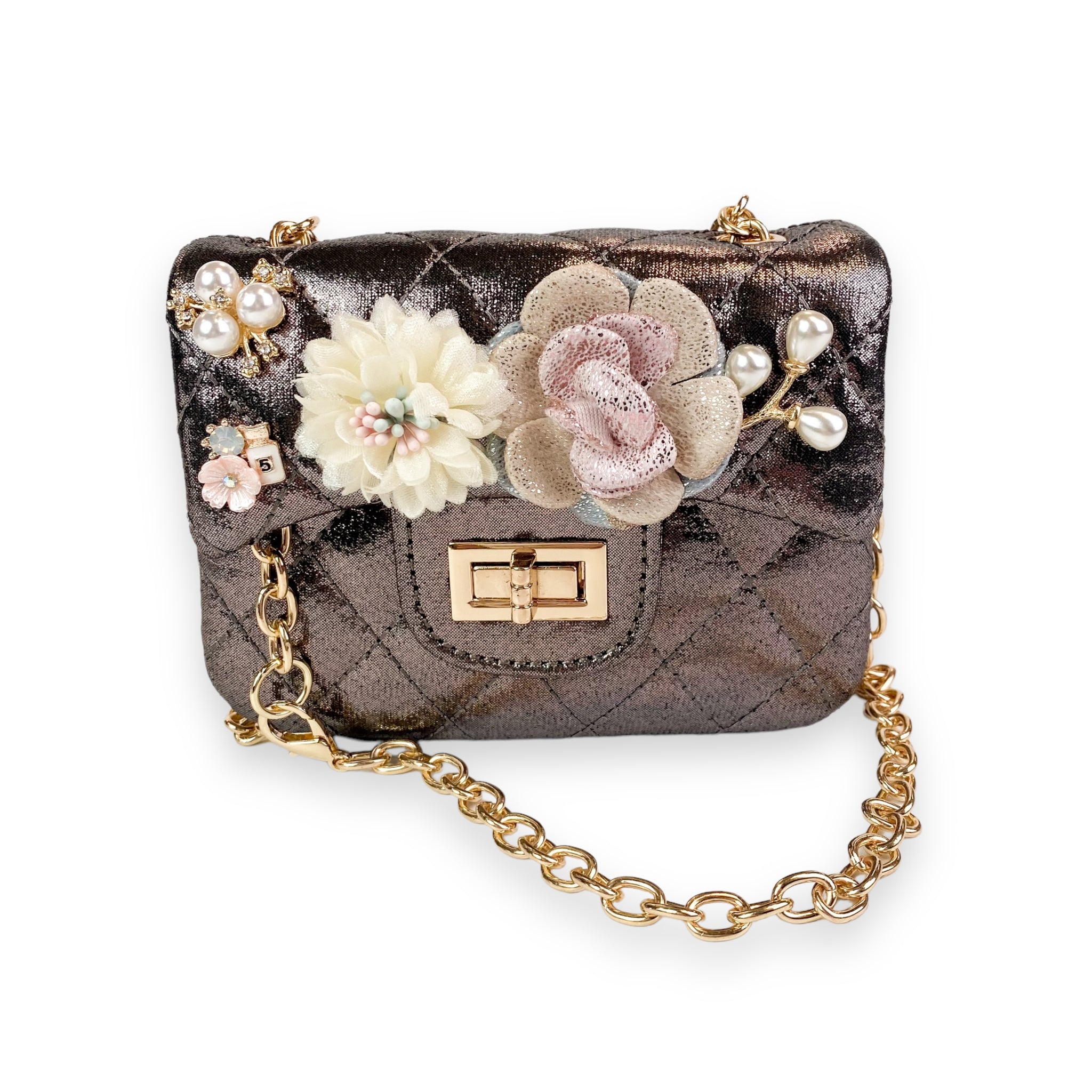 Floral Shiny Quilted Purse - Pewter - doe a dear