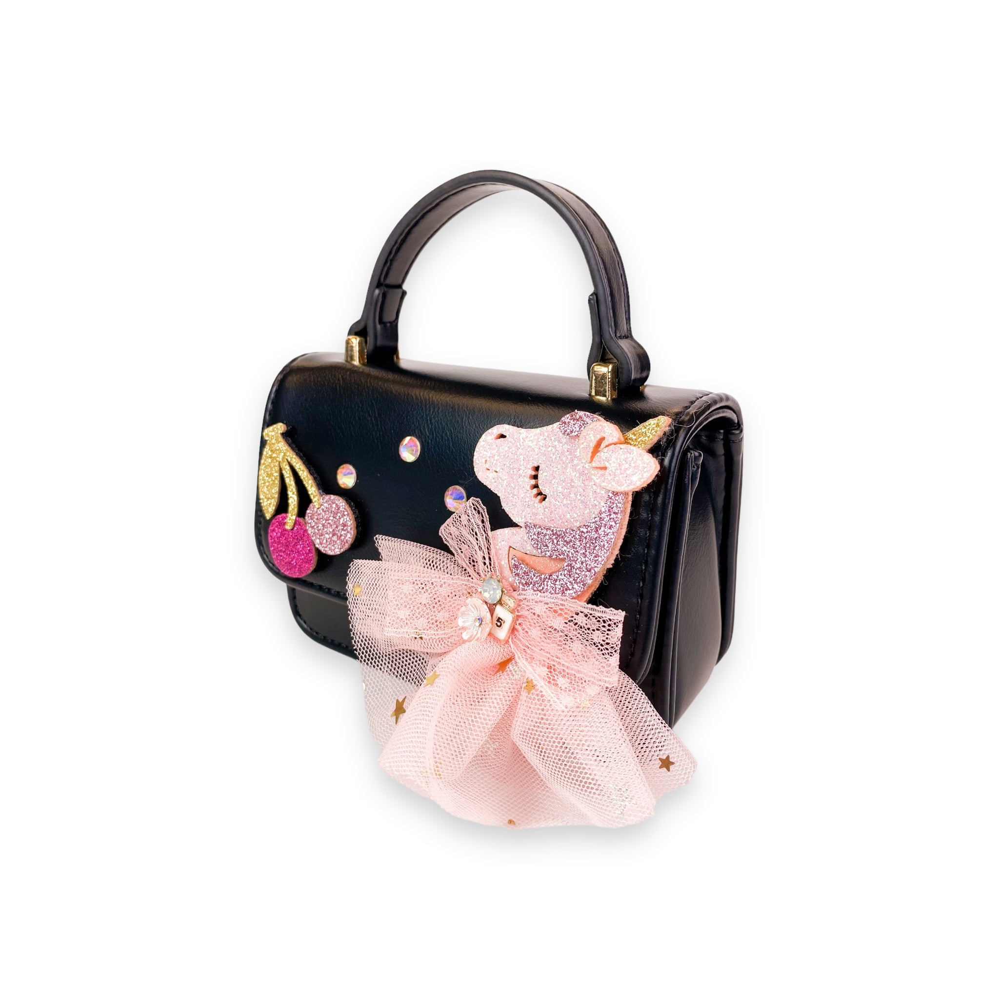 Unicorn & Cherry Applique Purse - Black - doe a dear