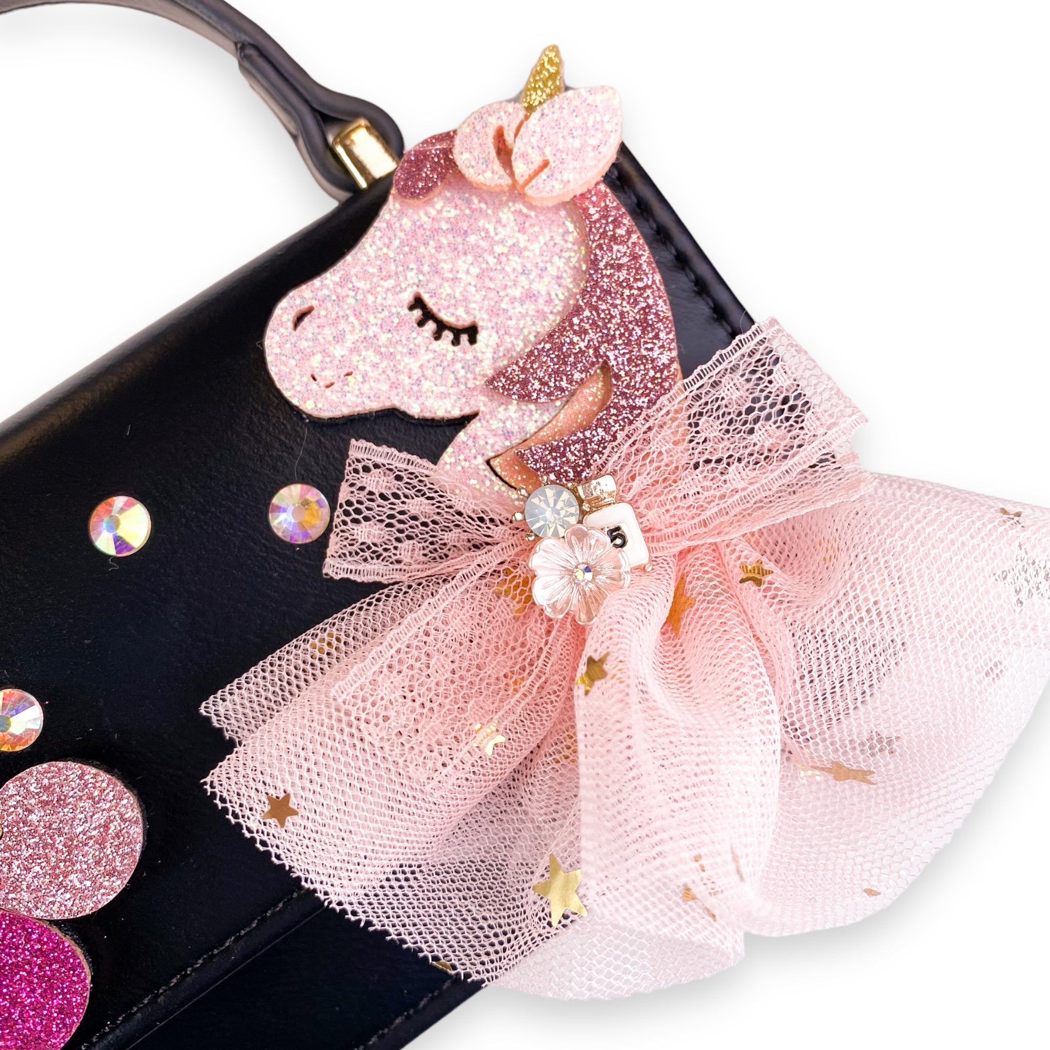 Unicorn & Cherry Applique Purse - Black - doe a dear