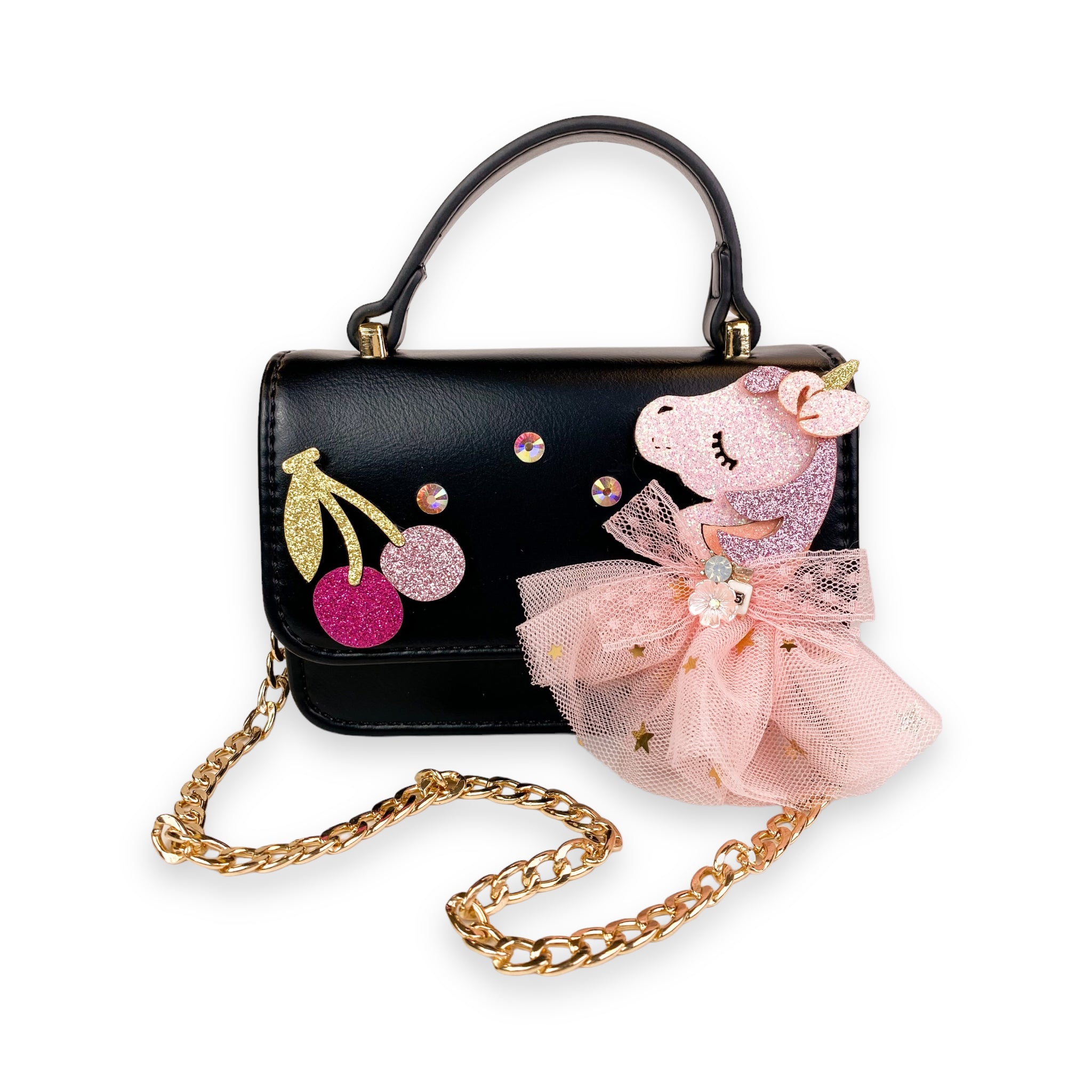 Unicorn & Cherry Applique Purse - Black - doe a dear