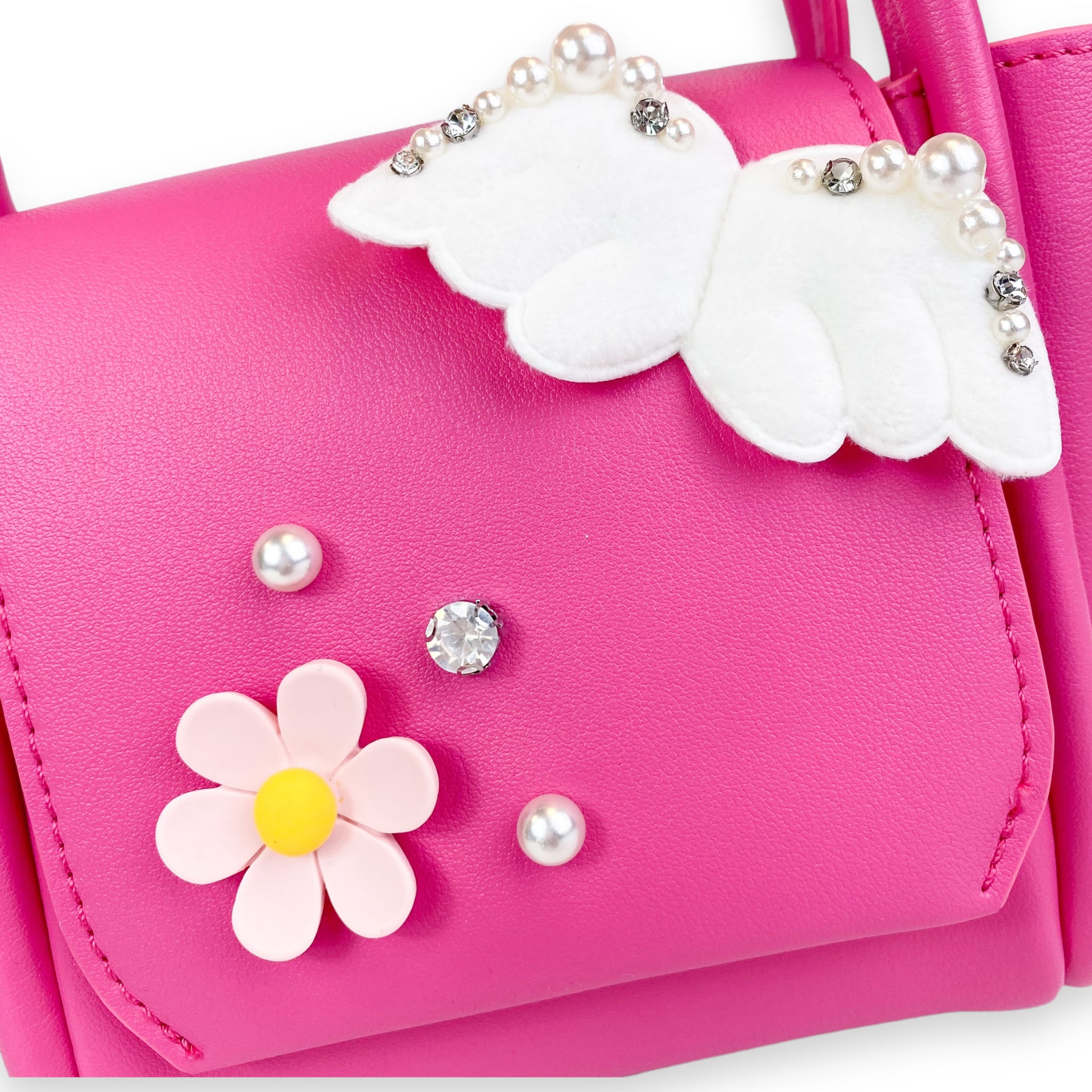 Angel Wing & Charms Leather Satchel Bag in Fuchsia