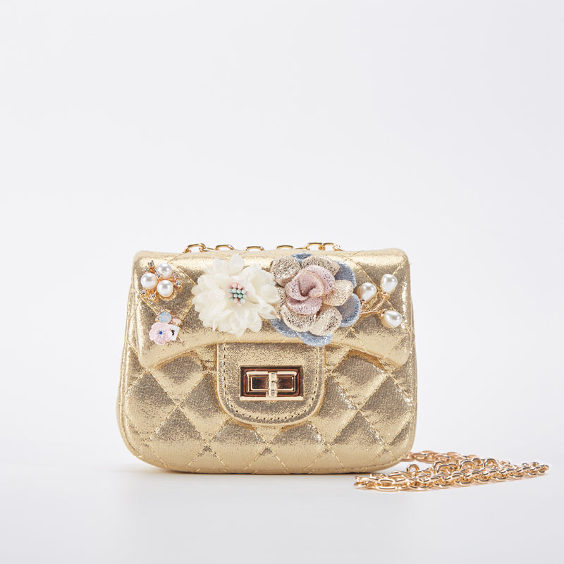 Floral Shiny Quilted Purse - Gold