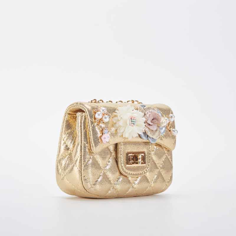 Floral Shiny Quilted Purse - Gold - doe a dear