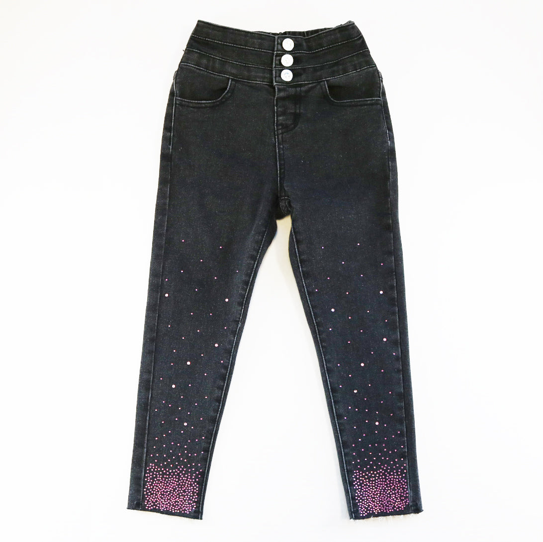 Pink Rhinestone Elastic Jeans -Black - doe a dear