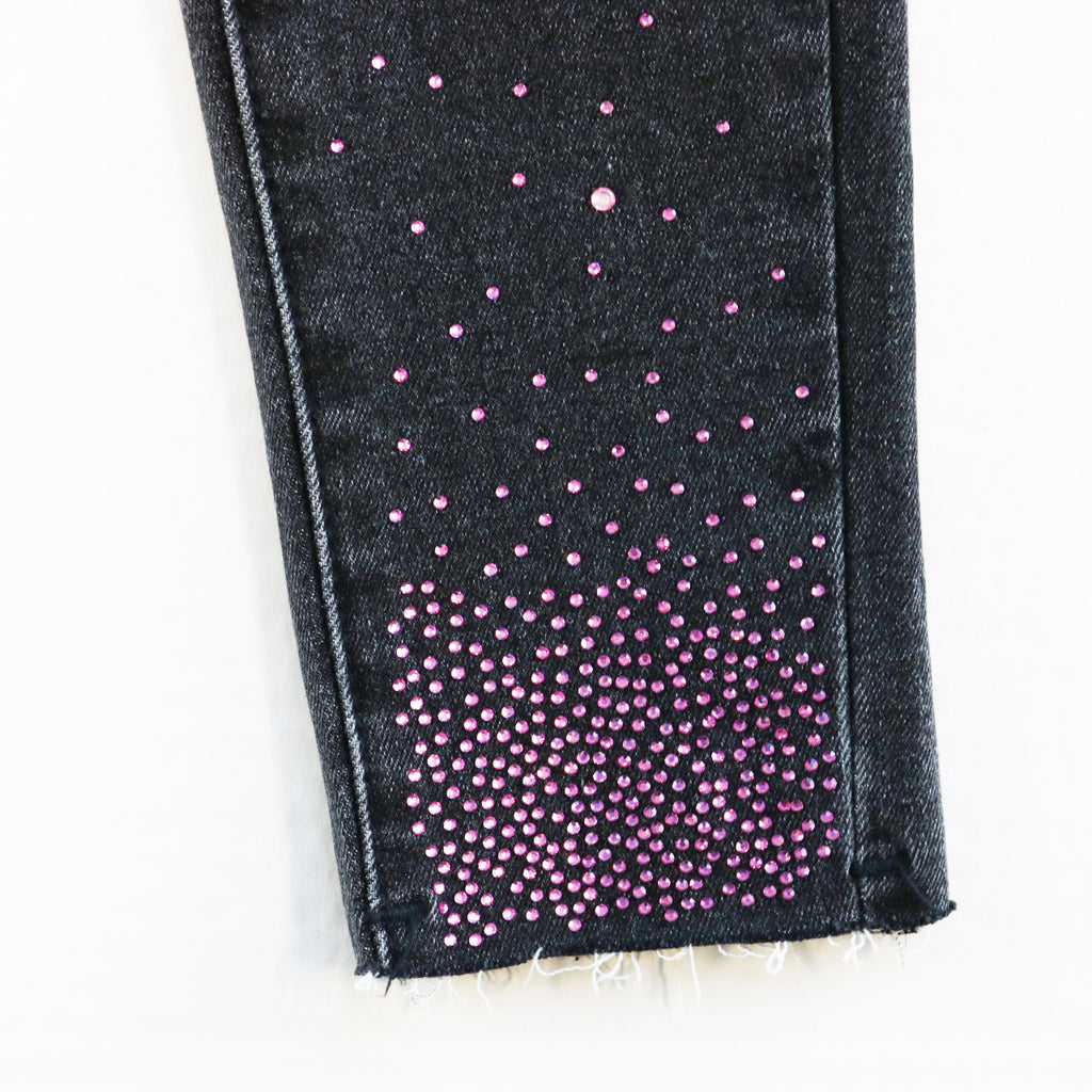 Pink Rhinestone Elastic Jeans -Black