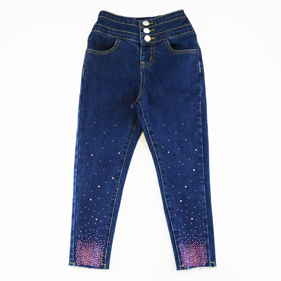 Pink Rhinestone Elastic Jeans - Blue - doe a dear