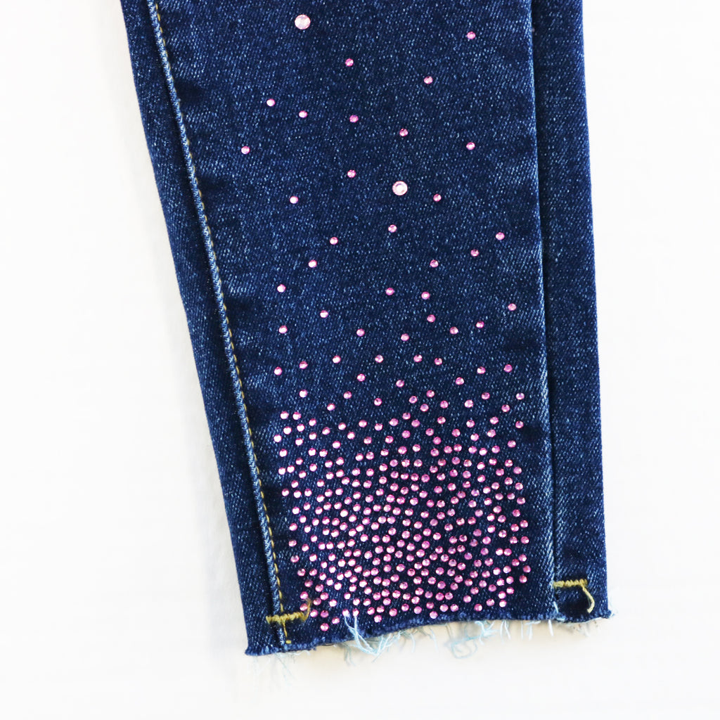 Pink Rhinestone Elastic Jeans - Blue