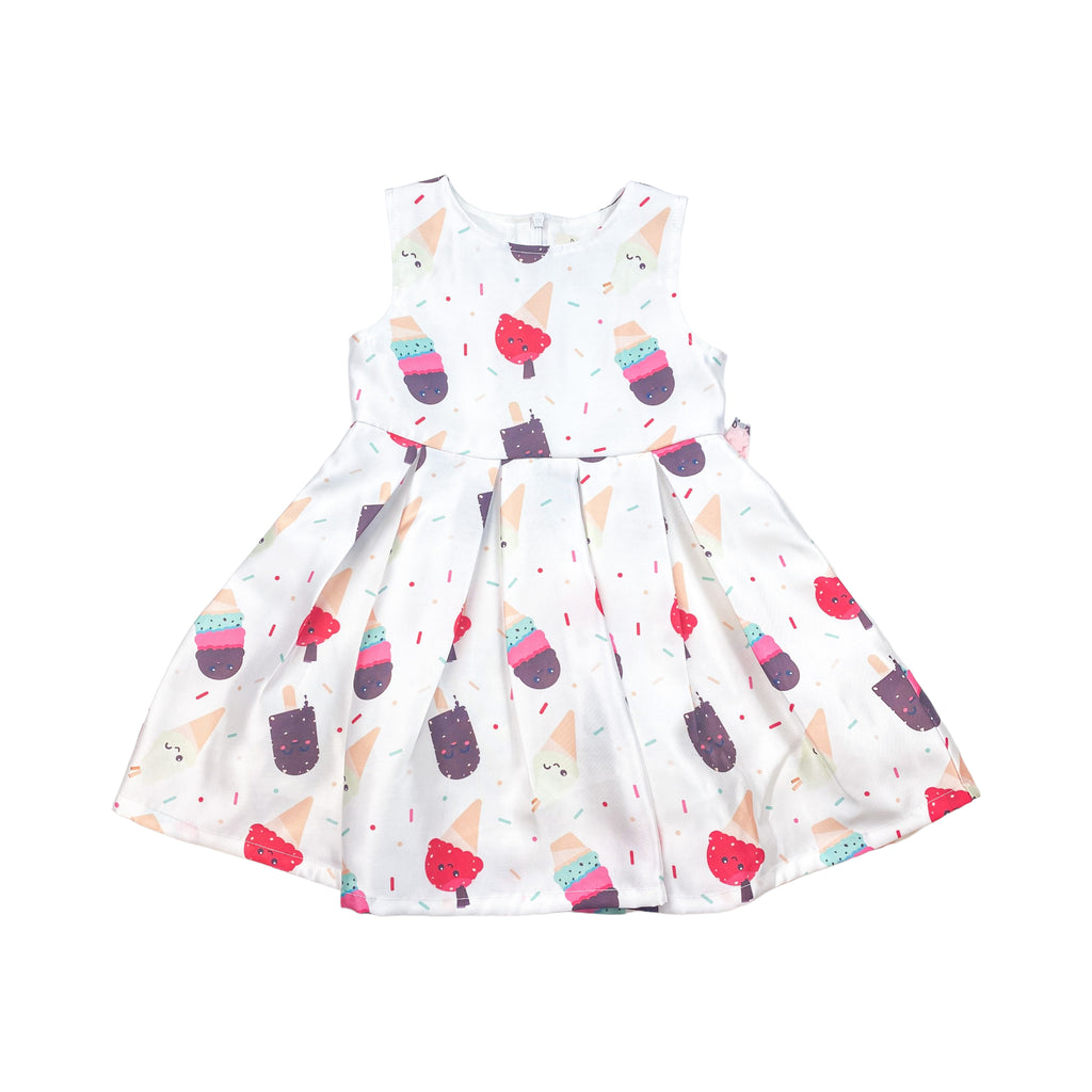 White Color Ice Cream Print Pleated Dress