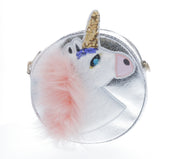 Round Shaped Unicorn Head w/ Fur Cross Body - Silver - doe a dear