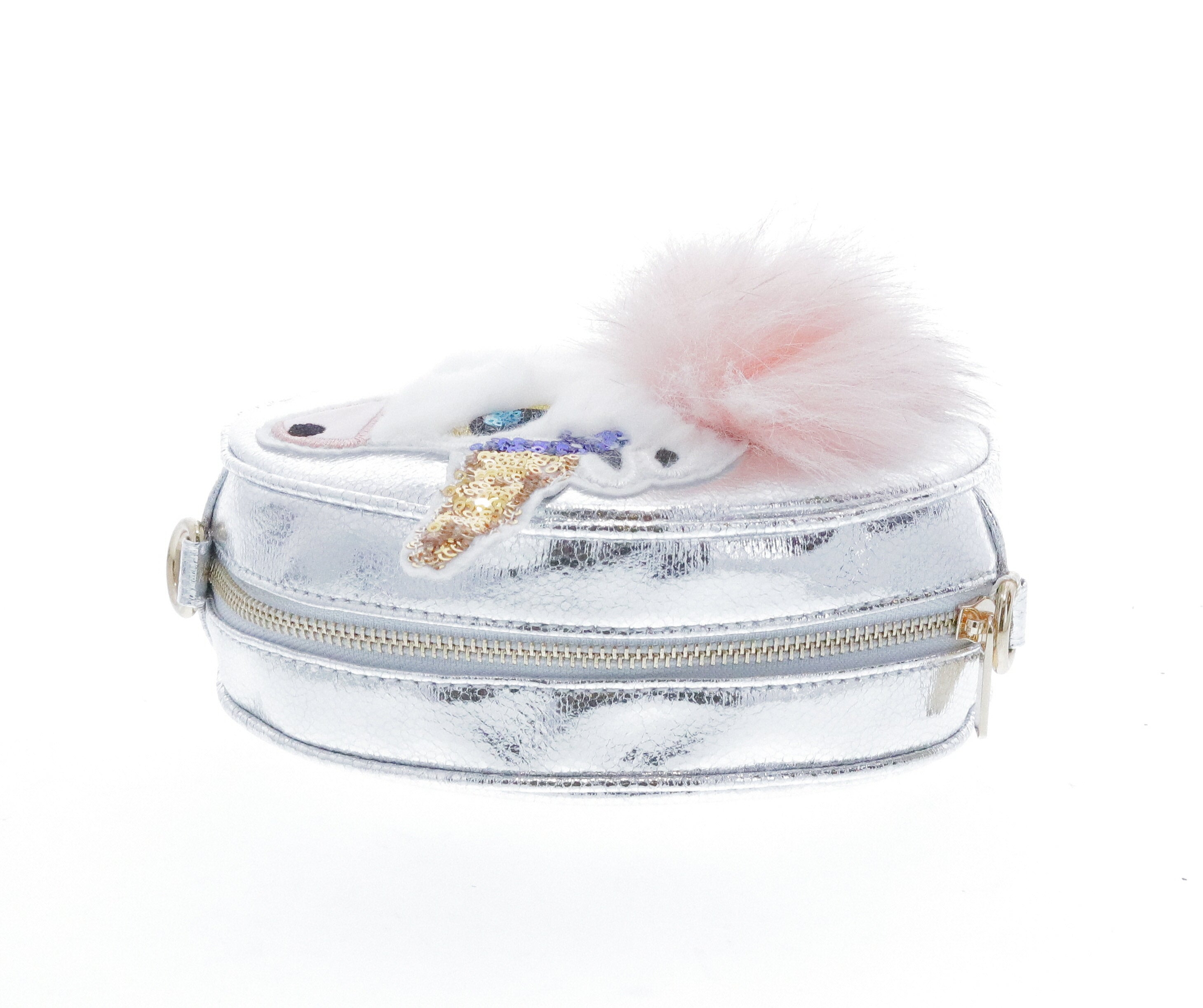 Round Shaped Unicorn Head w/ Fur Cross Body - Silver - doe a dear