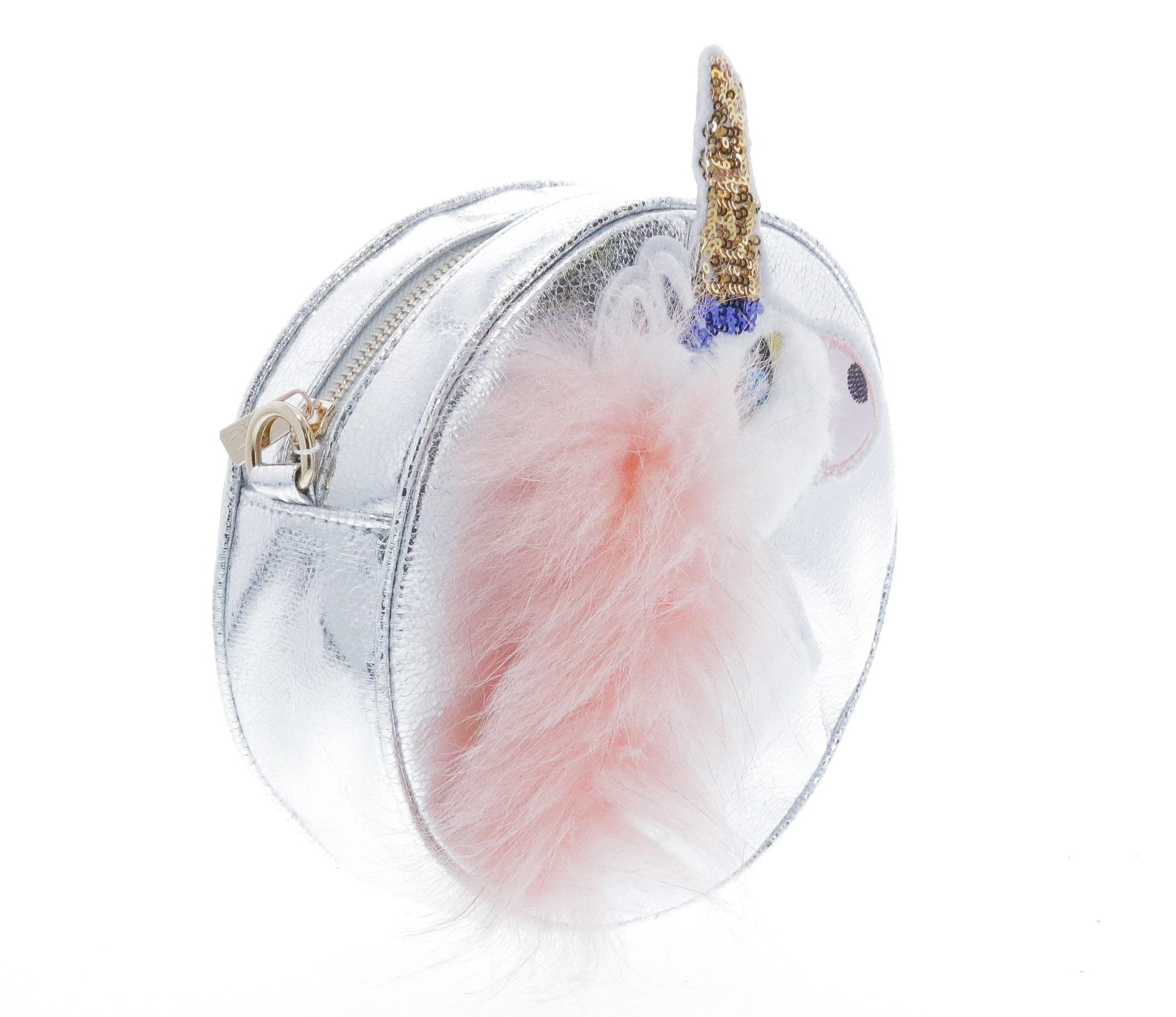 Round Shaped Unicorn Head w/ Fur Cross Body - Silver - doe a dear