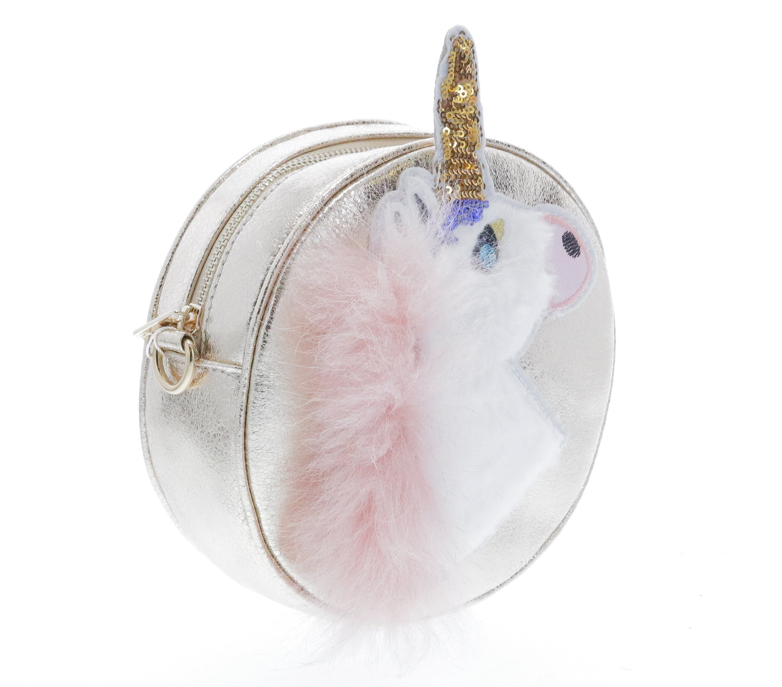 Round Shaped Unicorn Head w/ Fur Cross Body - Gold - doe a dear