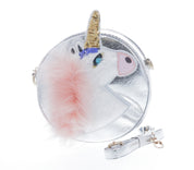 Round Shaped Unicorn Head w/ Fur Cross Body - Silver - doe a dear