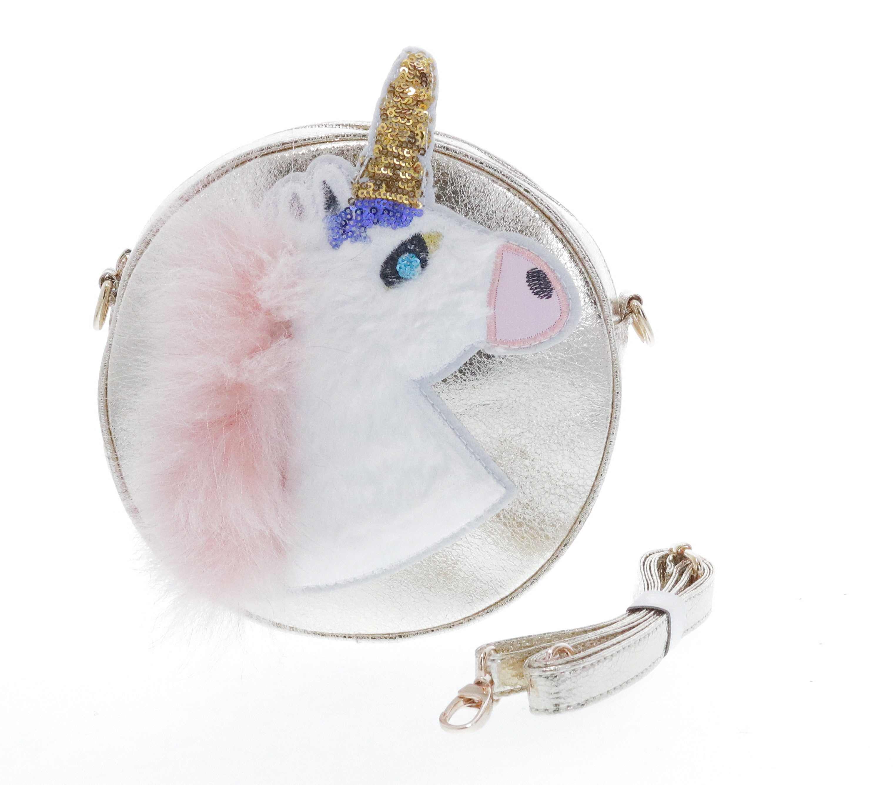 Round Shaped Unicorn Head w/ Fur Cross Body - Gold - doe a dear