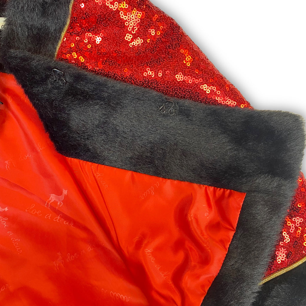 Fur Trim Hooded Sequin Cape -red & black